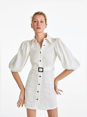 Uterque Cream Button-Front Midi Linen Dress with Puff Sleeves *NO BELT